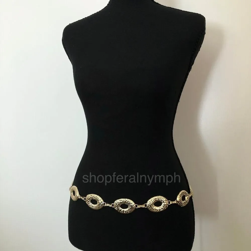 Vintage Y2K Boho Gold Hammered Open Oval Chain Belt, Up to 42.5 Inches, X7GA1146